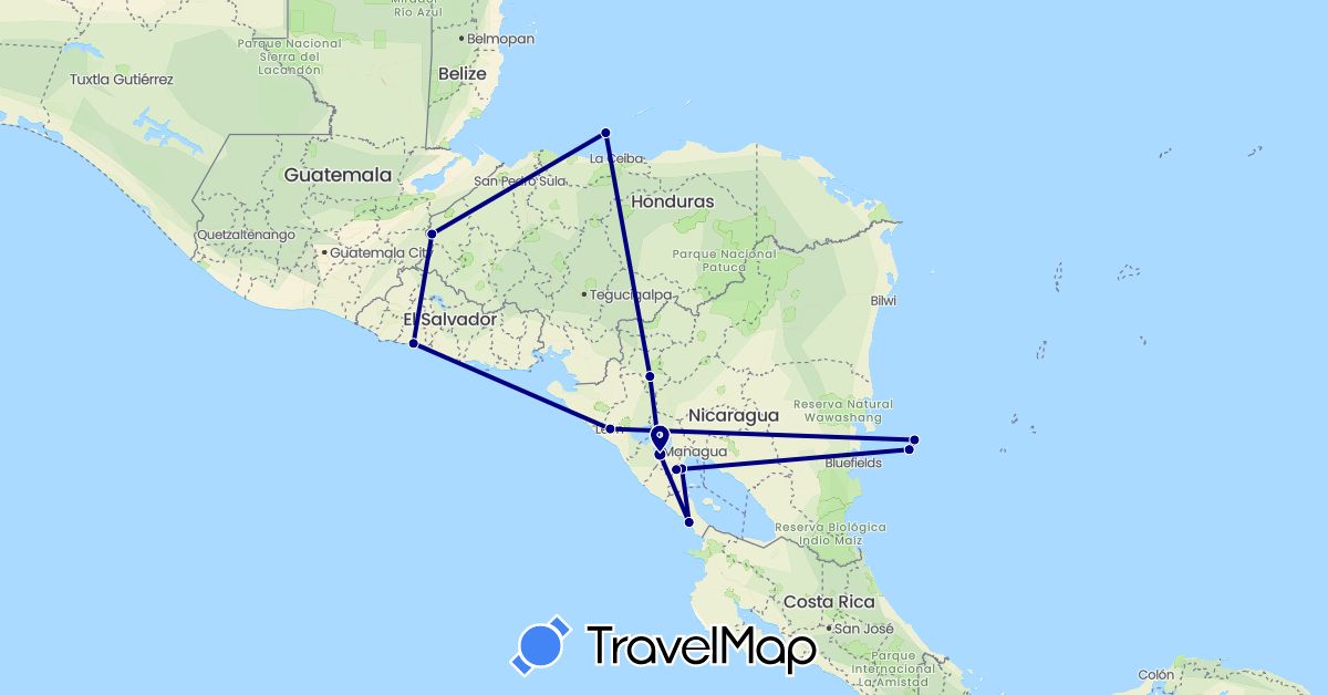 TravelMap itinerary: driving in Honduras, Nicaragua, El Salvador (North America)